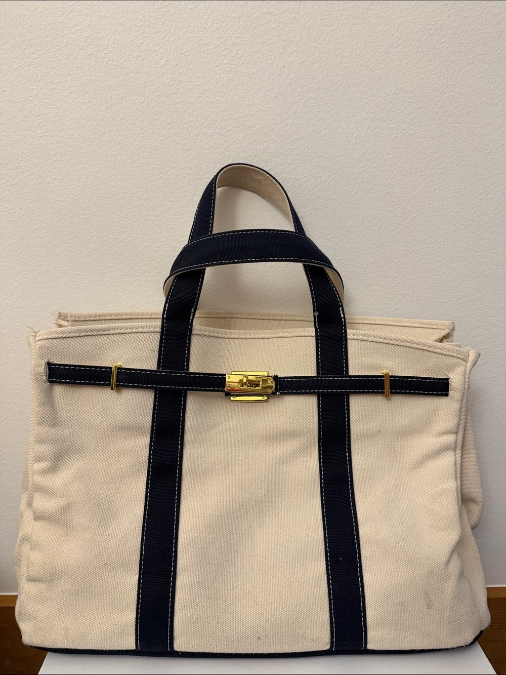Boatkin Canvas Tote Bag with Navy Trim and Gold Hardware